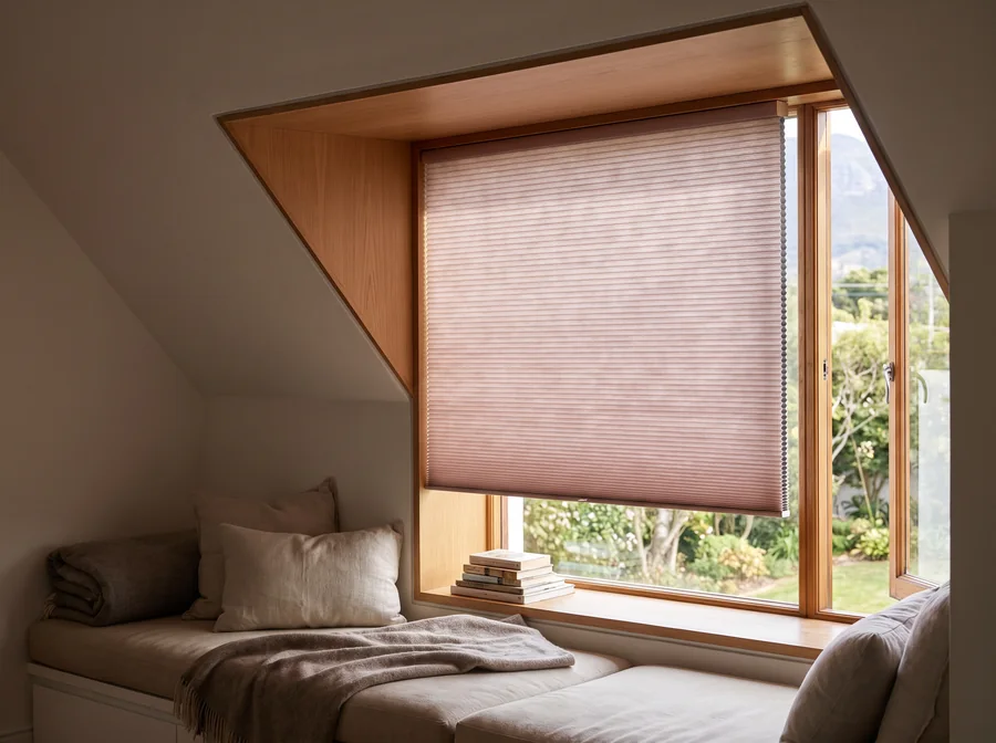 Cellular honeycomb blind on a dormer attic window in a Southern Suburbs home