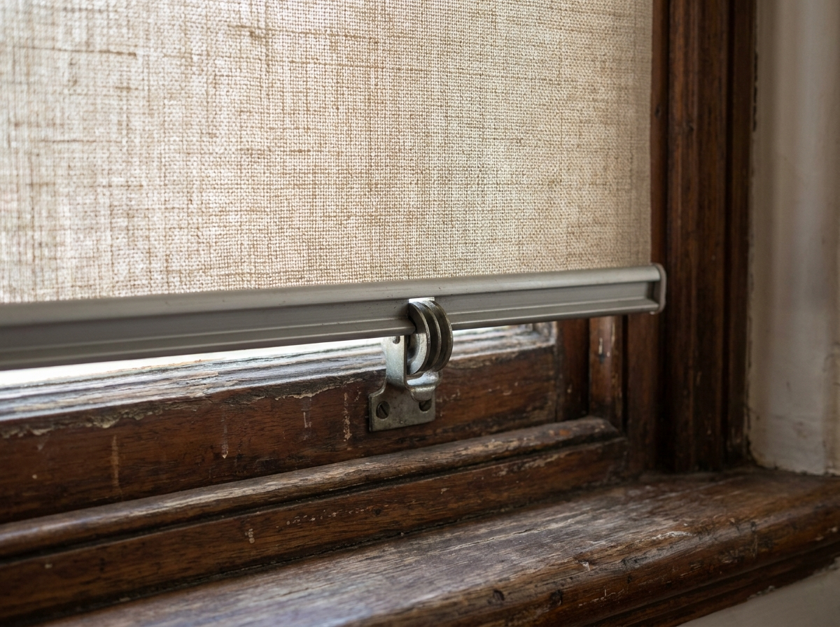 Close-up of flat roller blind fabric weave and metal bracket mechanism against a wooden sash window frame