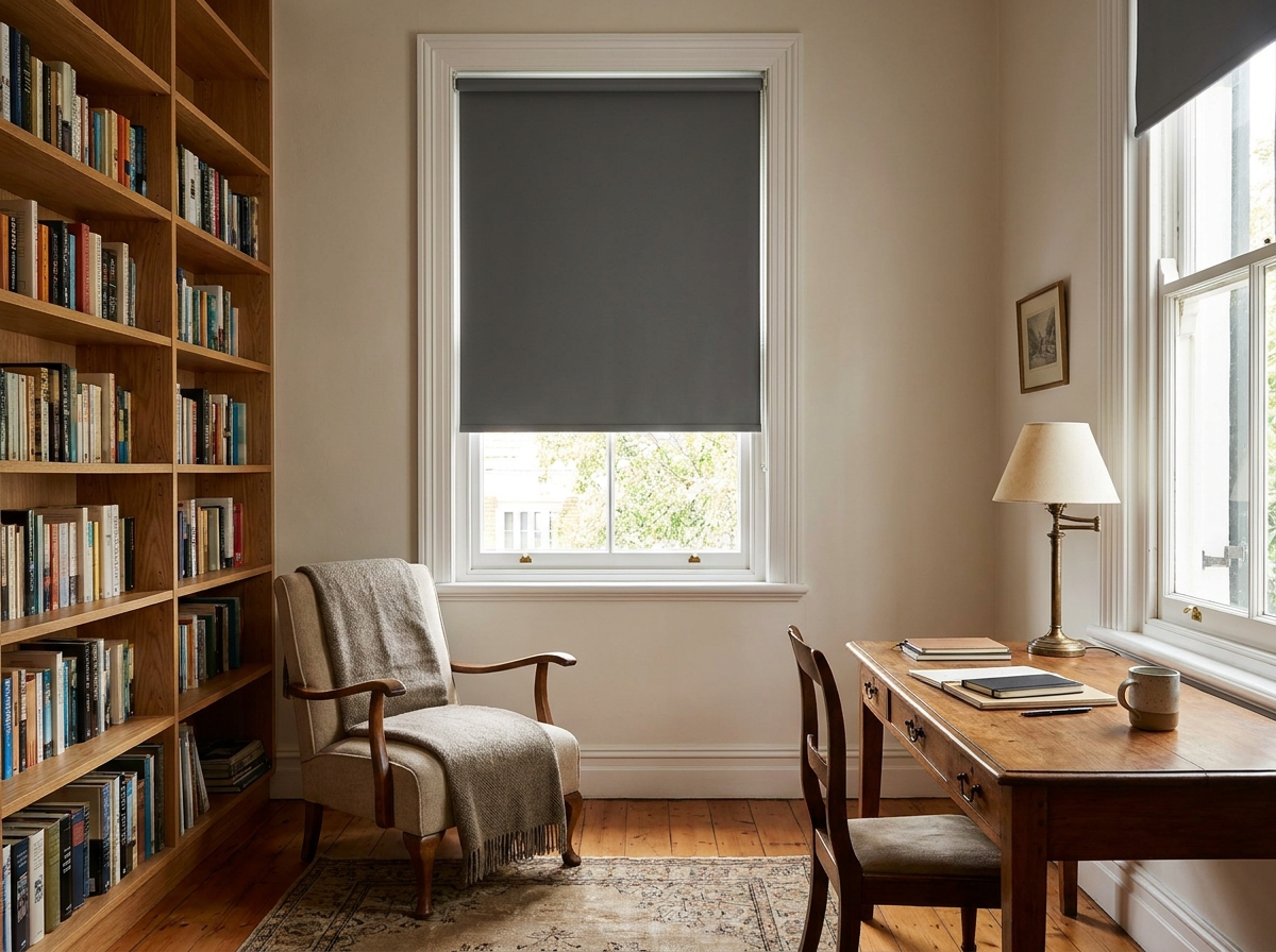 Wood-panelled study nook with a dark grey flat roller blind half-lowered over a sash window, bookshelves alongside