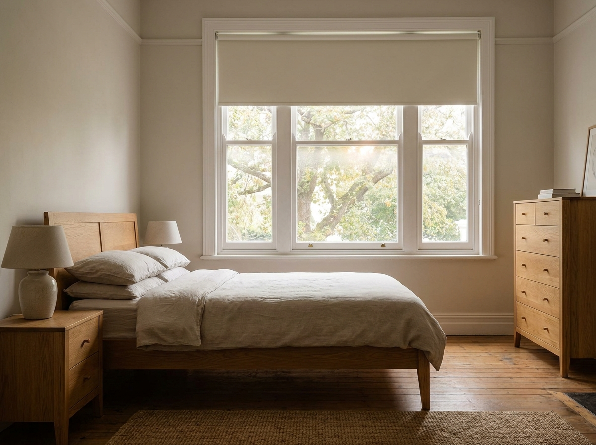 Bright bedroom with oak furniture and a flat cream roller blind partly lowered against a tree-filled window view